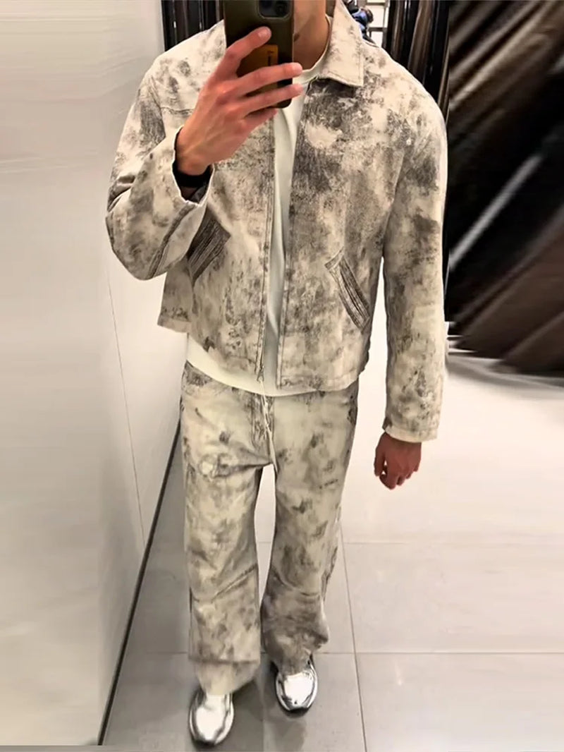 Chic Street Printed Jacket Pant Men'S Set Casual Loose Lapel Zipper Jackets Straight Trousers Sets Man 2025 Spring Retro Outfits